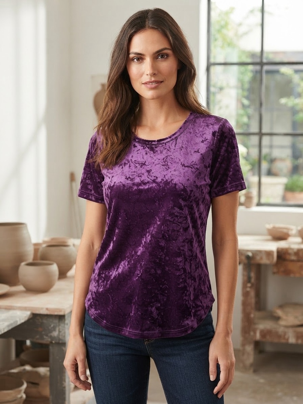 Take 50% OFF-Faded Glory Velvet Short-Sleeve Top - Purple, Size-16W